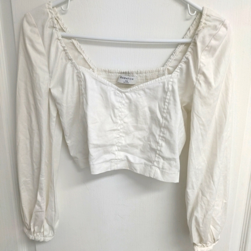 Aritzia Babaton Hadwyn women's crop cream blouse linen and cotton size XXS - Picture 2 of 13
